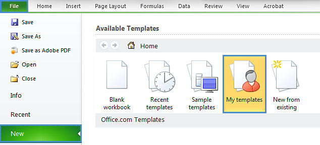 Image demonstrates location of New option and My templates icon in the File menu.